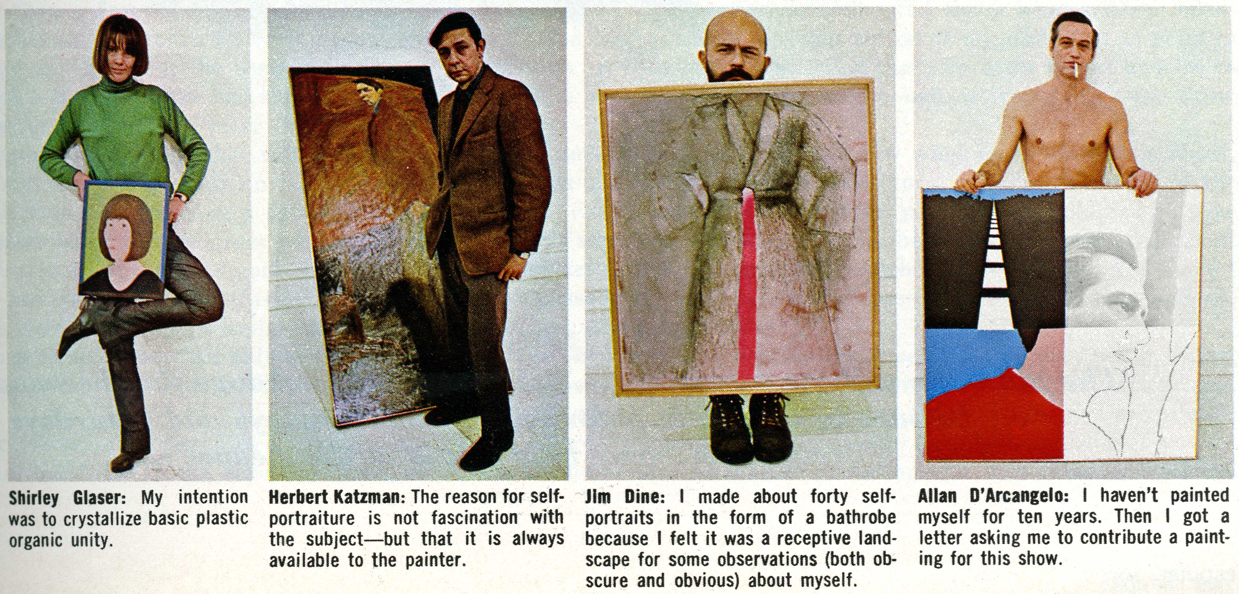 four people holding self-portraits